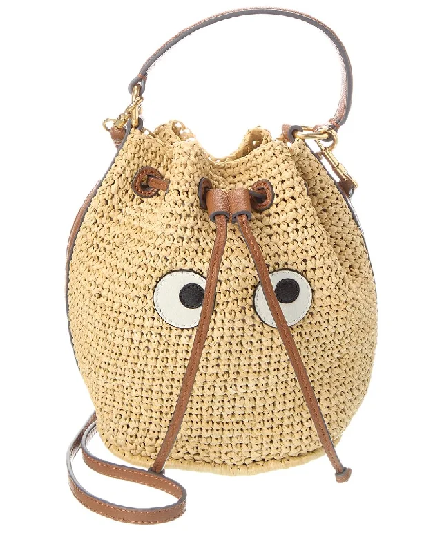 Anya Hindmarch Eyes Drawstring Raffia & Leather Bucket Bag