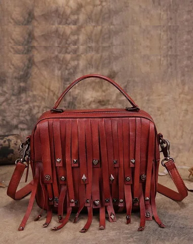 Red Vintage Womens Leather Purse Tassel Handbag Brown Shoulder Bag Crossbody Purses for Ladies