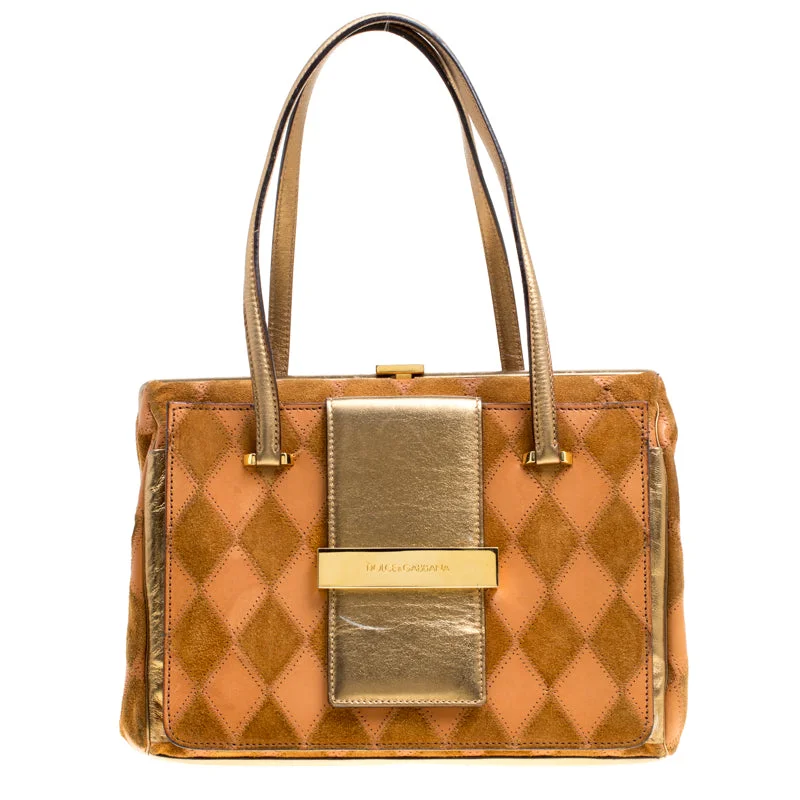 Dolce & Gabbana Peach/gold Quilted Stitch Leather And Suede Frame Bag..