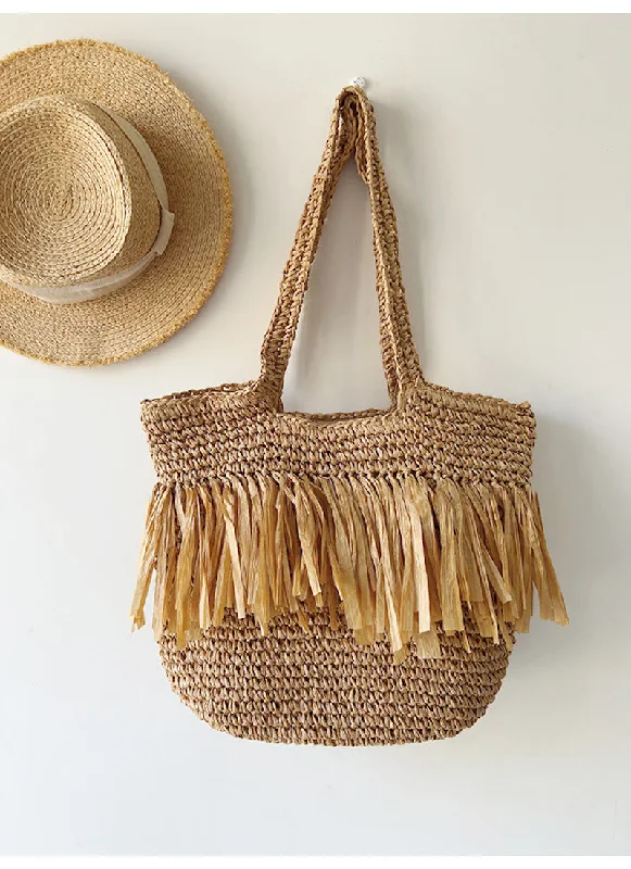 Elena Handbags Large Straw Woven Tote Bag with Tassels