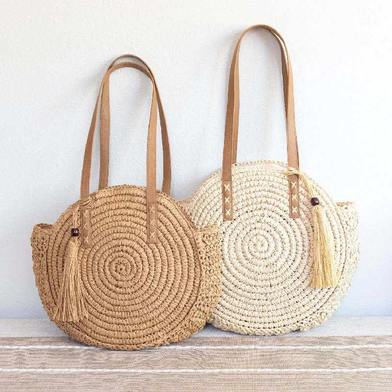 Elena Handbags Straw Woven Round Tote with Leather Strap and Tassel