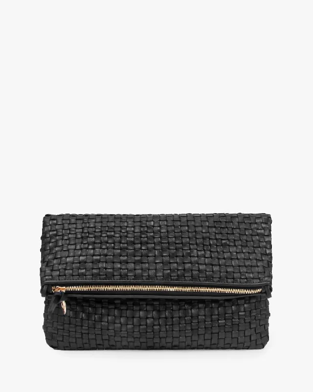 Foldover Clutch With Tabs Woven Checker In Black