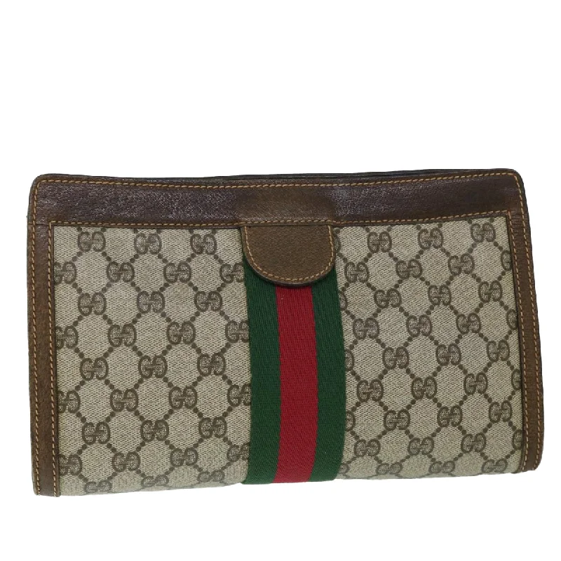 Gucci GG Canvas Web Sherry Line Clutch Bag PVC Leather Beige Green