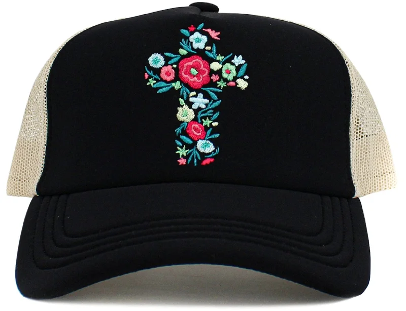 KBV1585 Floral Cross Meshback Trucker Cap