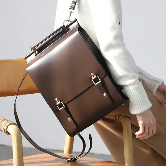 Ladies Square Leather Backpack Brown Leather Backpack