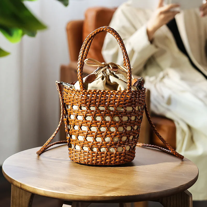 Ladies Woven Leather Shoulder Bucket Bag Small Handbags For Women