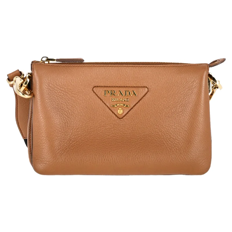 Prada Vitello Daino Logo-Strap Crossbody Bag in Brown Calfskin Leather