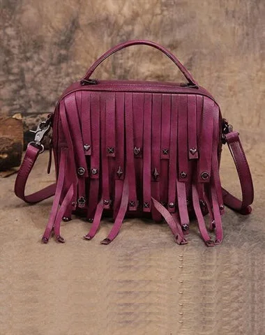 Purple Vintage Womens Leather Purse Tassel Handbag Brown Shoulder Bag Crossbody Purses for Ladies