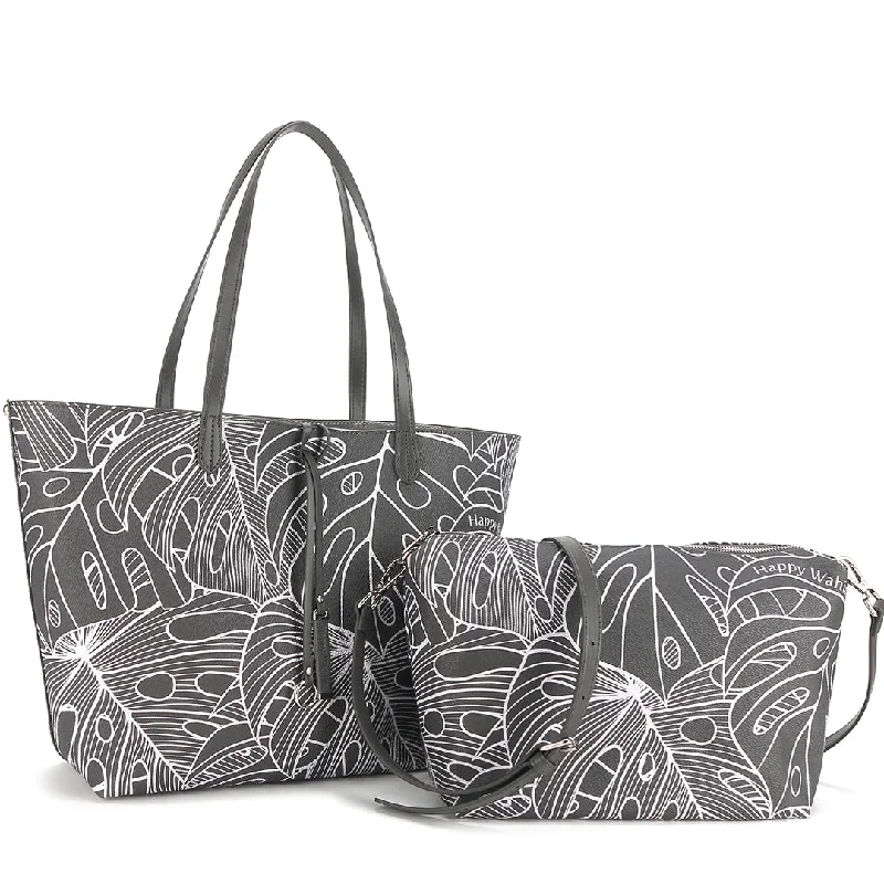 Reversible Tote Nancy Large Monstera Lines Grey