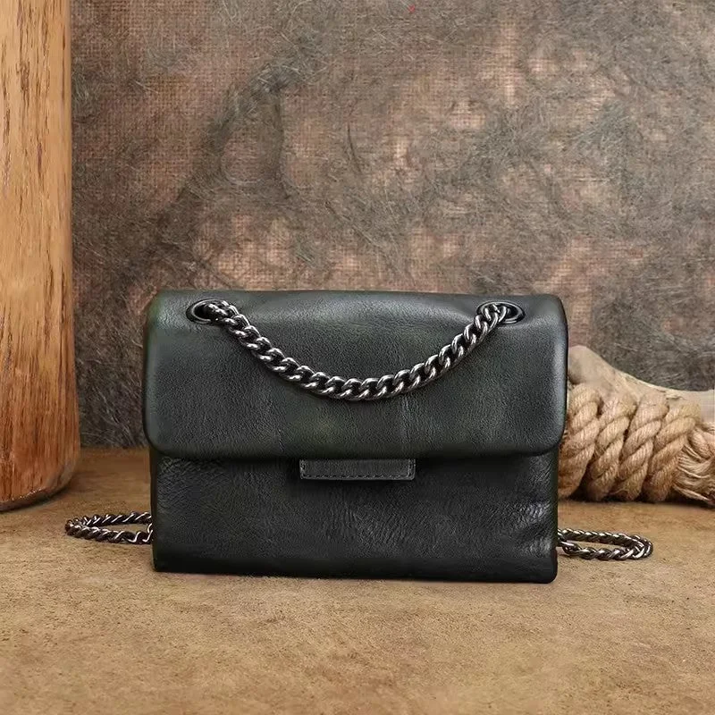 Small Ladies Leather Square Green Shoulder Bag Chain Crossbody Bag