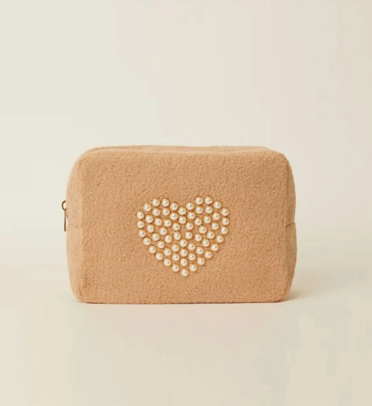 Teddy Pearl Heart Cosmetic Bag In Camel