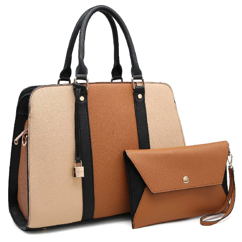 Two-Tone Padlock Satchel with Matching Wristlet