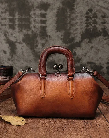 Vintage Handmade Leather Brown Womens Frame Handbag Shoulder Bag Green Crossbody Purse For Women