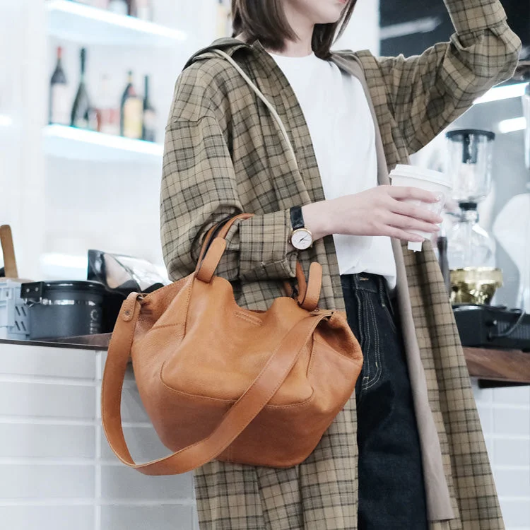 Womens Genuine Leather Bucket Bags Brown Leather Crossbody Bag