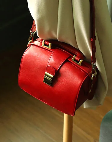 Womens Red Leather Doctor Handbag Purses Vintage Red Doctor Side Purse for Women